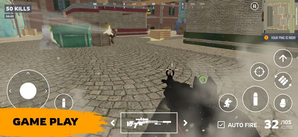 Gun Shooting Games: Online FPS - First person shooter gameplay showing a player aiming an assault rifle in a courtyard battleground