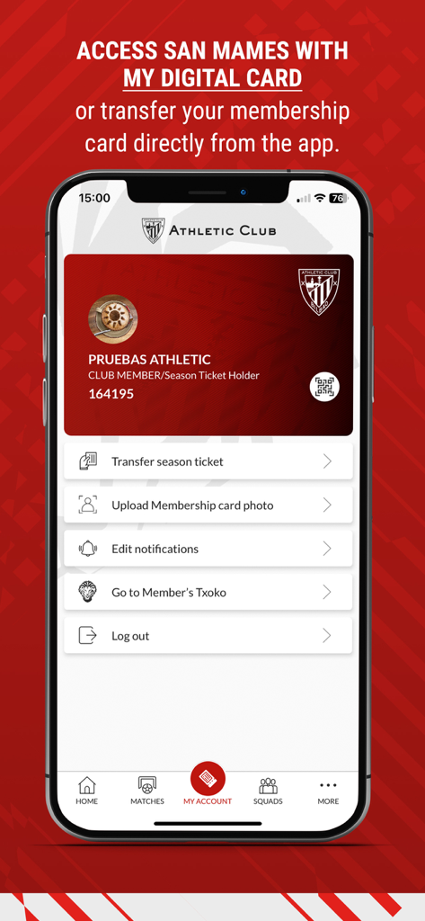 Athletic Club official app showing digital membership card for stadium access
