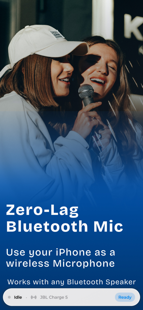 Bluetooth Speaker Mic: BlueMic - BlueMic app screen showing how to use an iPhone as a zero-lag wireless microphone for Bluetooth speakers.