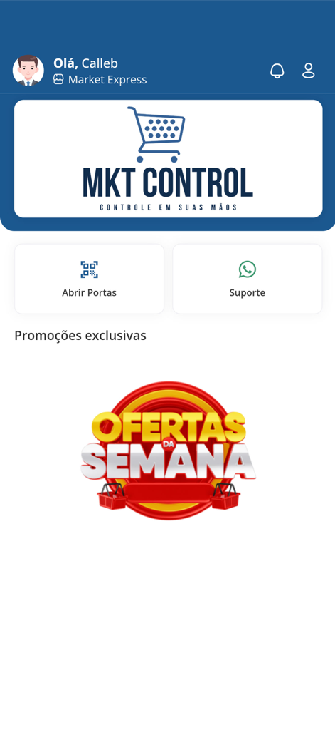 MKT APP - MKT APP home screen featuring buttons to open doors via QR code and view weekly store offers.