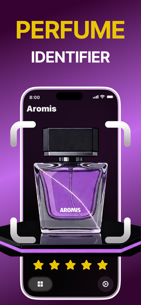 AI Perfume Identifier - Aromis - Smartphone screen showing Aromis AI perfume identifier app scanning a purple fragrance bottle