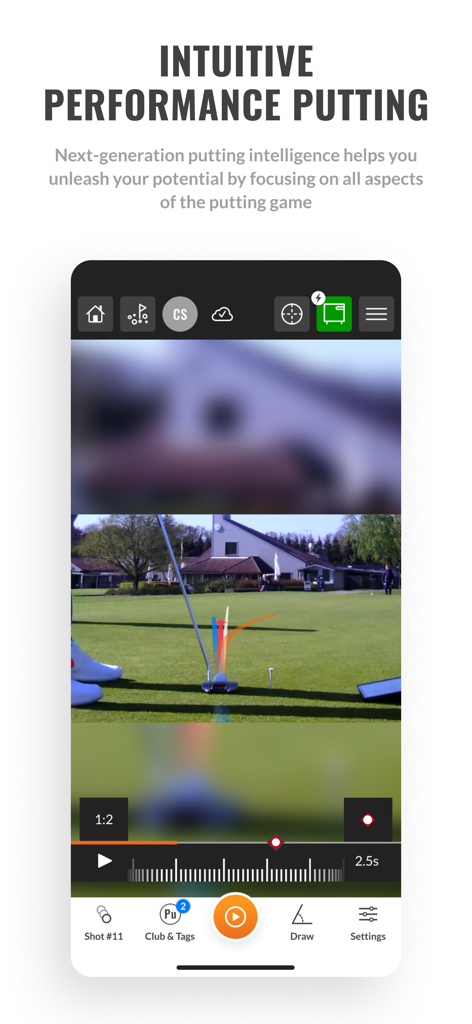 TrackMan Golf Pro - Interface de l'application TrackMan Golf Pro affichant une analyse intuitive des performances de putting avec des superpositions vidéo et de données