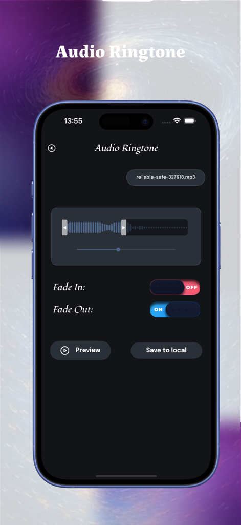 Audio ringtone editor interface in the Tango Me app with waveform and fade controls