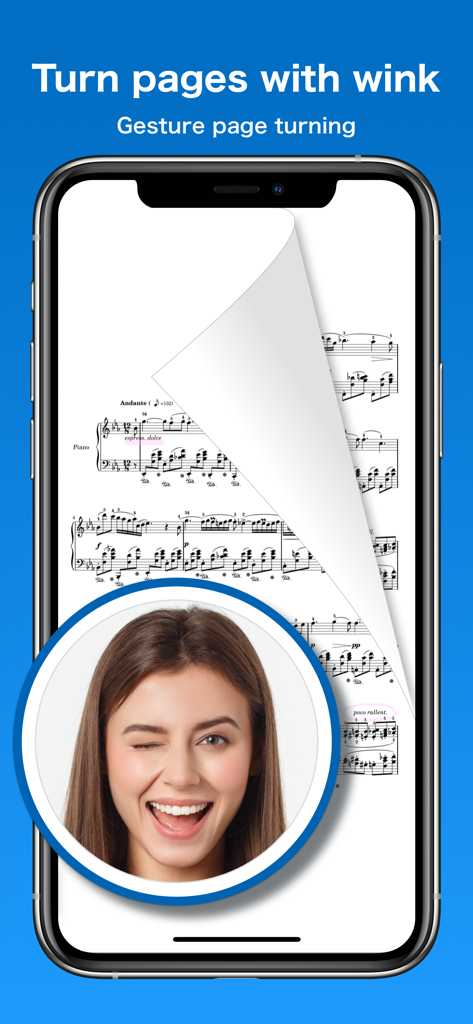 Una mujer guiñando el ojo para activar un paso de página sin manos de partituras digitales en un iPhone usando Piascore.