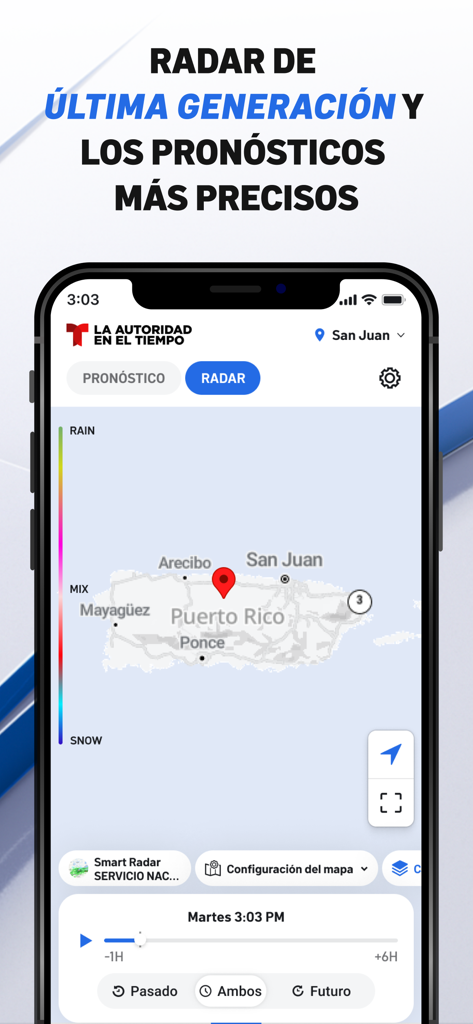 Pantalla del radar meteorológico de la app Telemundo Puerto Rico mostrando un mapa de la isla