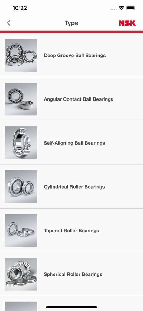 List of industrial bearing categories including ball and roller bearings in the NSK catalog app