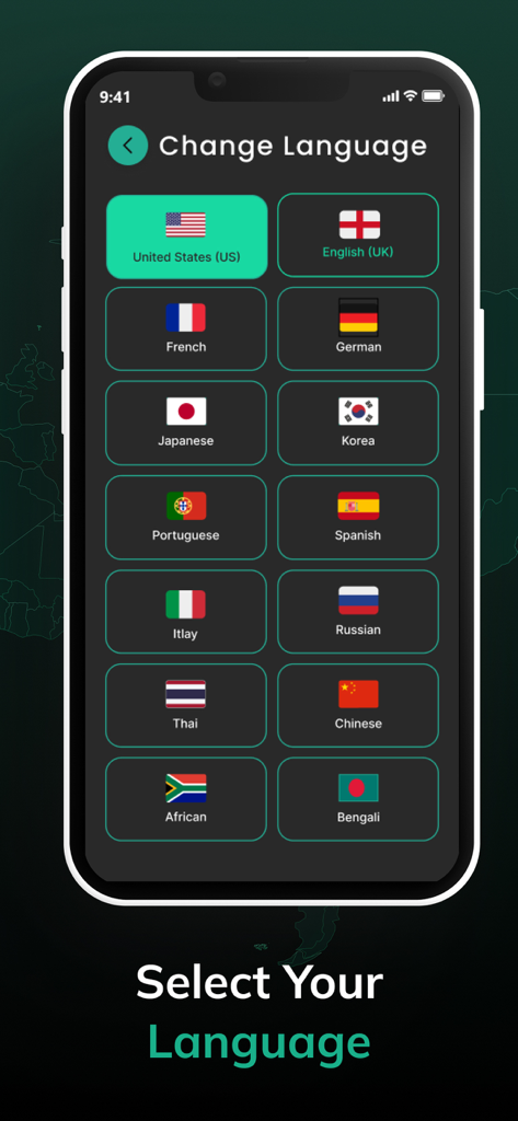 Nexo VPN app language selection screen with multiple international flag options