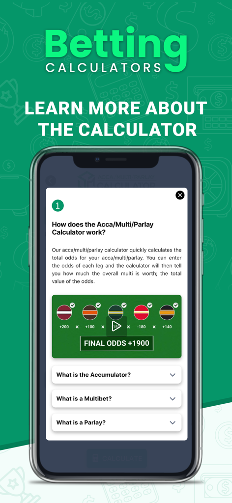 Leitfaden in der Betting Calculators App, der erklärt, wie Parlay- und Akkumulator-Wetten funktionieren.