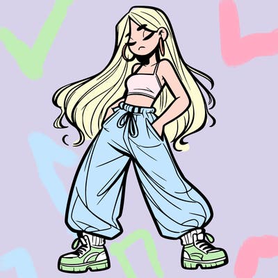 girl in baggy pants crop top and long hair
