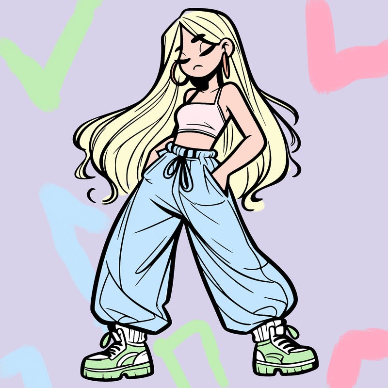 girl in baggy pants crop top and long hair