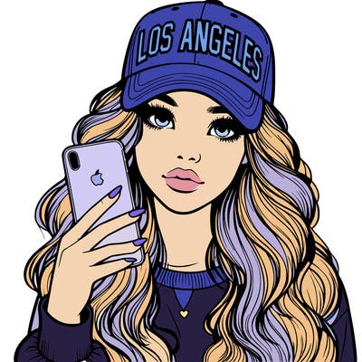 realistic beautiful girl wearing los ángeles cap holding an iphone