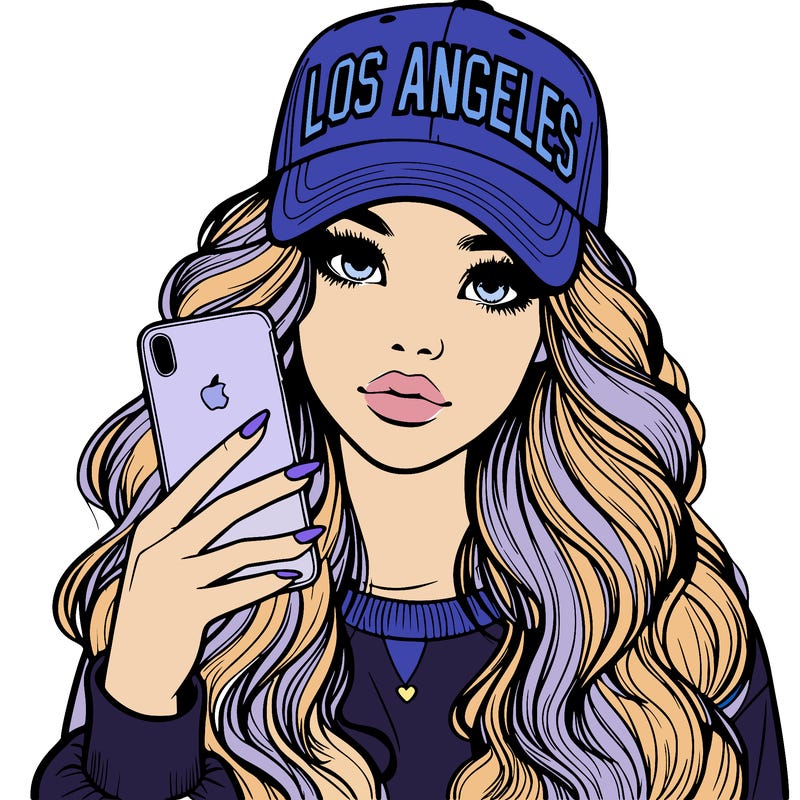 realistic beautiful girl wearing los ángeles cap holding an iphone