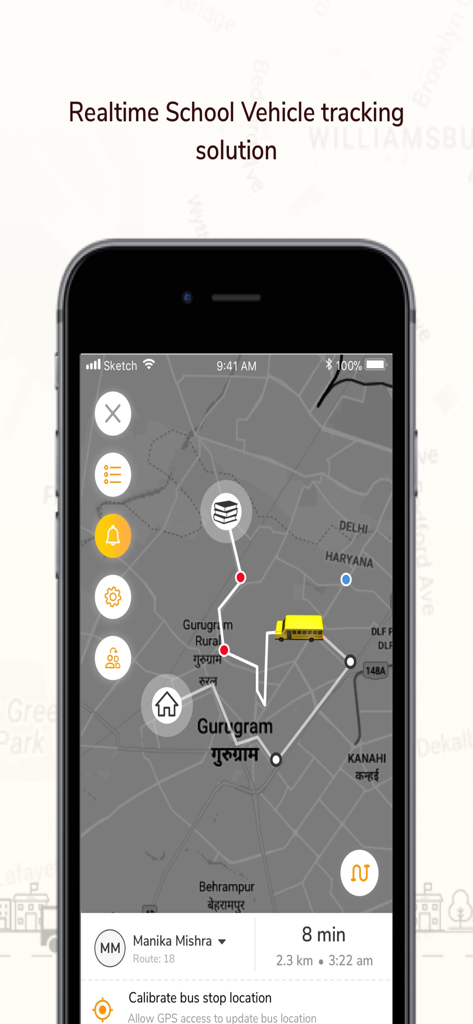 yellow.live - Yellow live app interface showing real time school bus tracking and arrival time