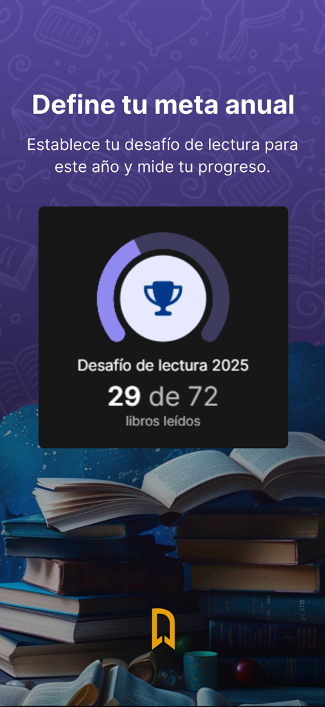 DeLibrista - DeLibrista app interface displaying an annual reading goal tracker with twenty-nine books read out of seventy-two