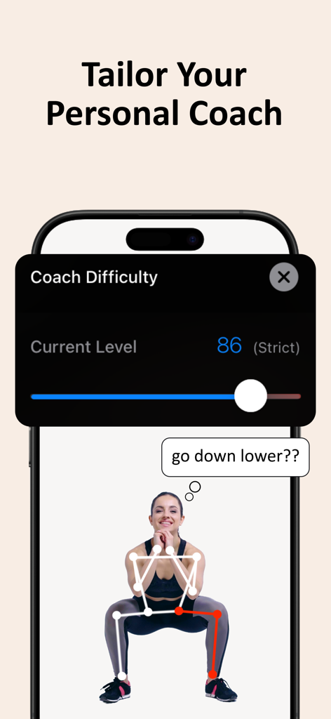 Fireflyアプリの画面、コーチの難易度設定とリアルタイムスクワットフォームトラッキングを表示