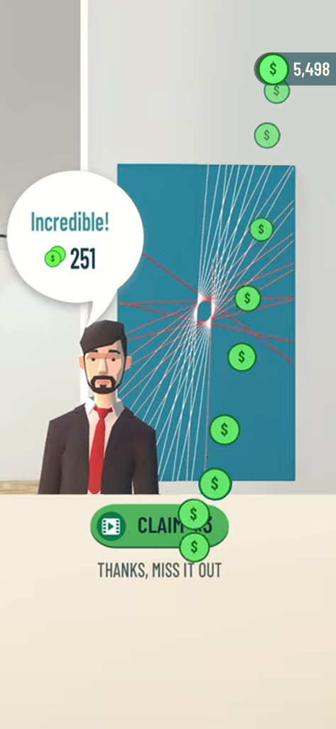 A character in the I Can Paint app celebrating a completed geometric art piece with a coin reward notification.