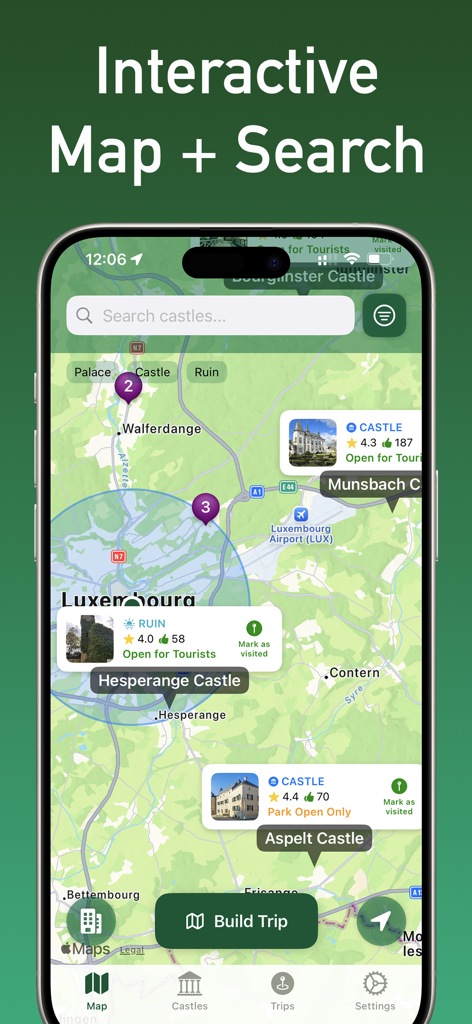 Interfaccia mappa interattiva che mostra le posizioni dei castelli e le informazioni per i visitatori in Lussemburgo