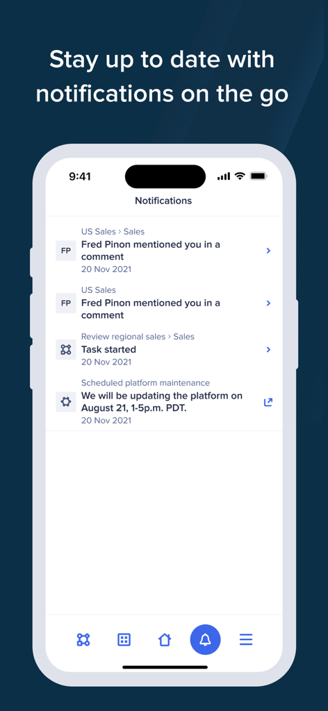 The Anaplan mobile app notifications interface showing real time professional alerts and mentions