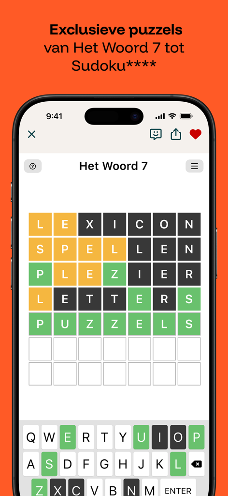 Puzzelfit België - Captura de pantalla del juego de puzles de palabras de 7 letras Het Woord dentro de la aplicación móvil Puzzelfit Belgie.