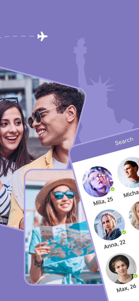 TourBar - international dating - L'interface de l'application TourBar affiche les profils de voyageurs internationaux et de personnes se rencontrant lors de voyages.