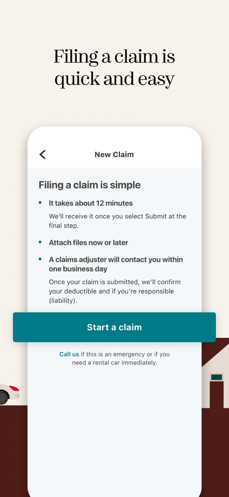 Intact Insurance: Mobile app - Intact Insuranceアプリで新しい保険金請求を提出するためのモバイルアプリ画面。