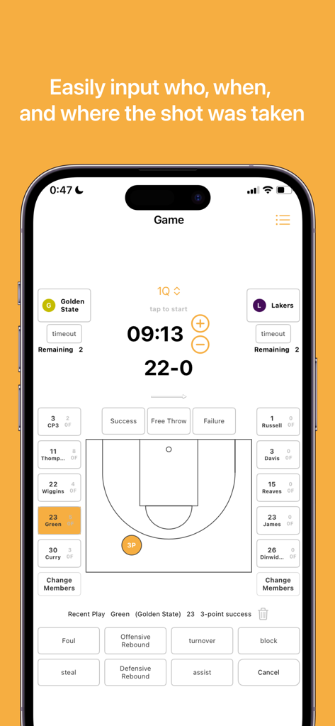 Easy Basket Stats:BB Analytics - Interfaz de la aplicación de estadísticas de baloncesto que muestra el seguimiento del juego en tiempo real y un mapa de tiros