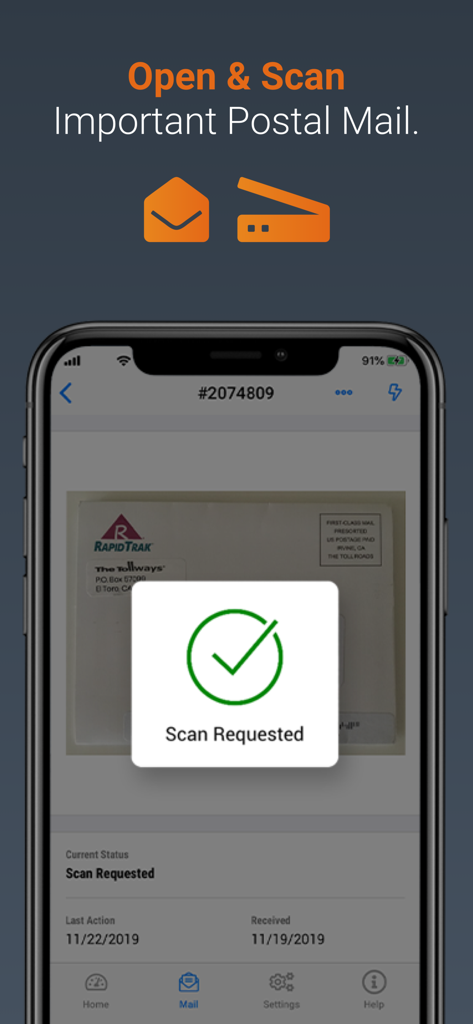 Anytime Mailbox Virtual Mail - Anytime Mailbox app screen showing a scan request for physical mail