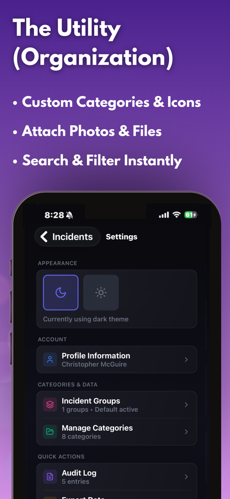 사건 관리 및 감사 로그 옵션을 표시하는 증거 추적기 앱 설정 메뉴