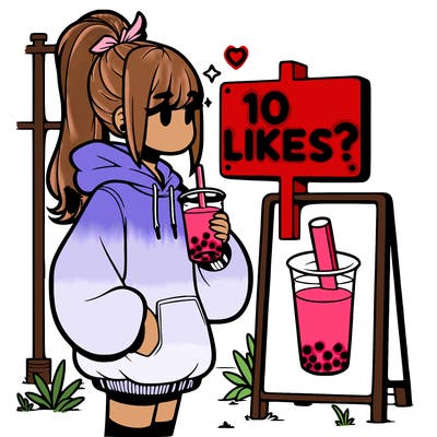 girl with oversized hoodie drinking boba and she has a high ponytail with a sign that says 10likes?