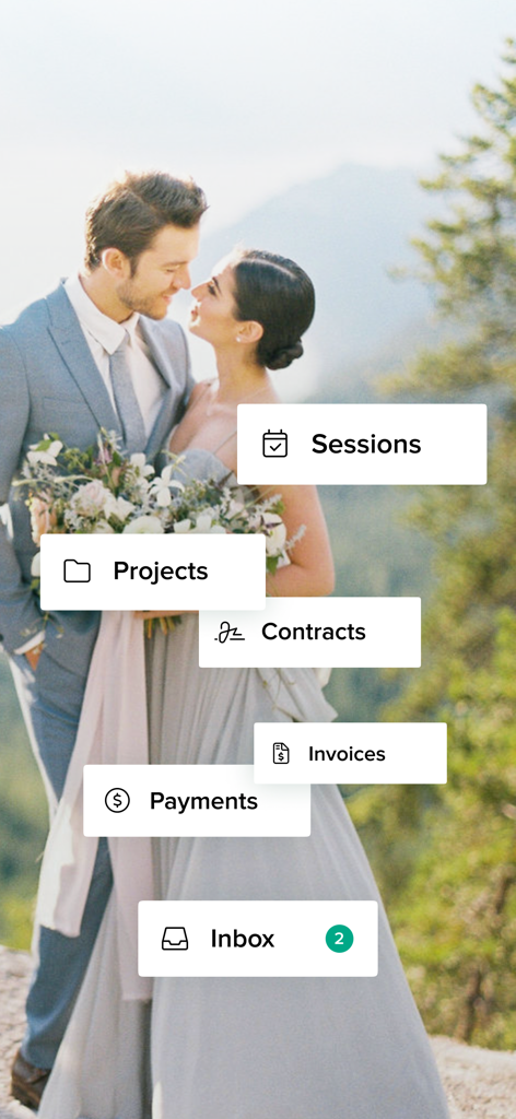 Pixieset – Studio Manager - Pixieset Studio Manager mobile interface showing management tools for sessions projects contracts and payments over a wedding photography background