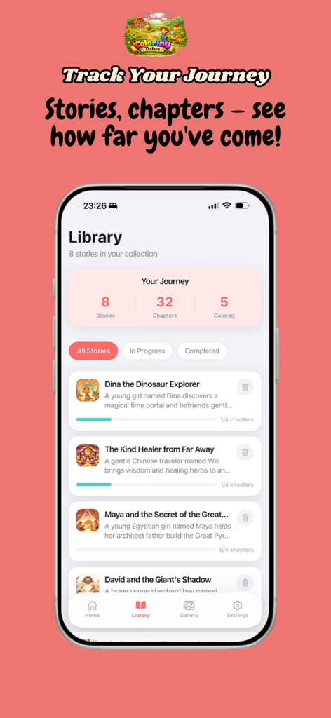 ColoringTales - La pantalla de la biblioteca de ColoringTales muestra el progreso de la historia y el seguimiento de capítulos para niños