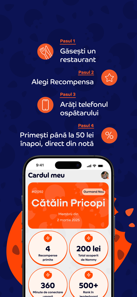 Guía de cuatro pasos sobre cómo usar la aplicación Nommy Restaurant Club y una vista de la tarjeta de membresía digital con las recompensas del usuario