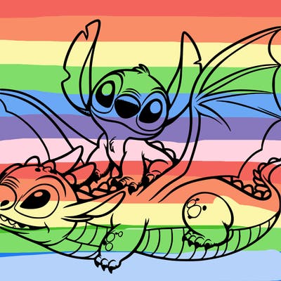 stitch riding a dragon