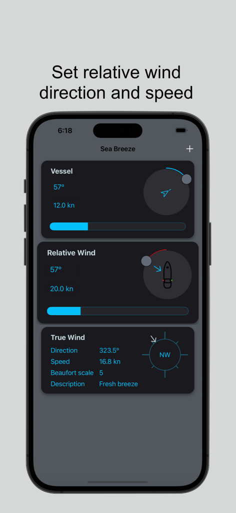 Sea Breezeアプリ画面、船舶の動きと相対風データを表示して真風を計算