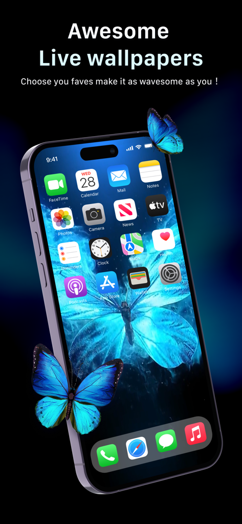 Magic Charger-Charge Animation - iPhone home screen featuring a 3D blue butterfly live wallpaper theme