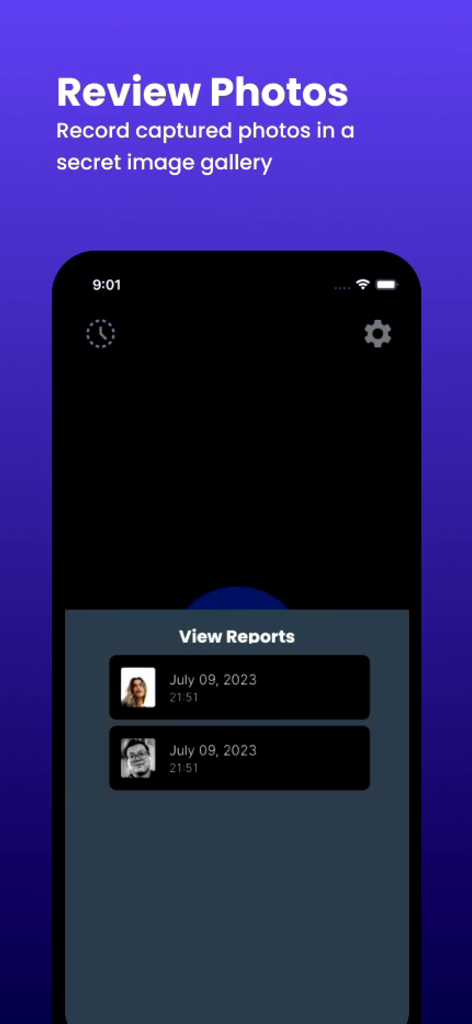A list of captured intruder selfies with timestamps in the Who Touched My Phone Guardian app