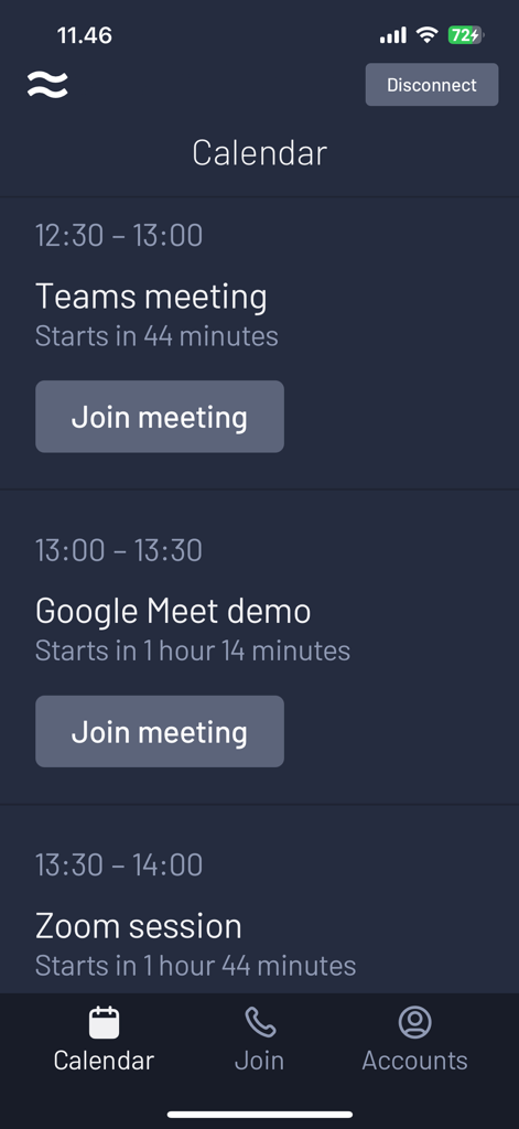 Pantalla del calendario de la aplicación Airtame mostrando una lista de próximas reuniones para Teams, Google Meet y Zoom con botones de unirse