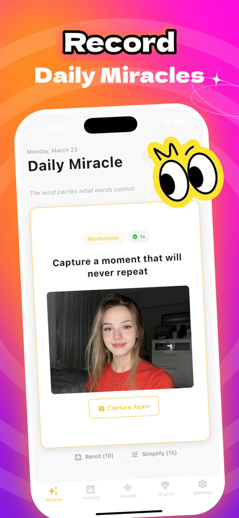 Rove - Capture Joy - Interface do aplicativo Rove mostrando um prompt diário de atenção plena por foto e um momento capturado