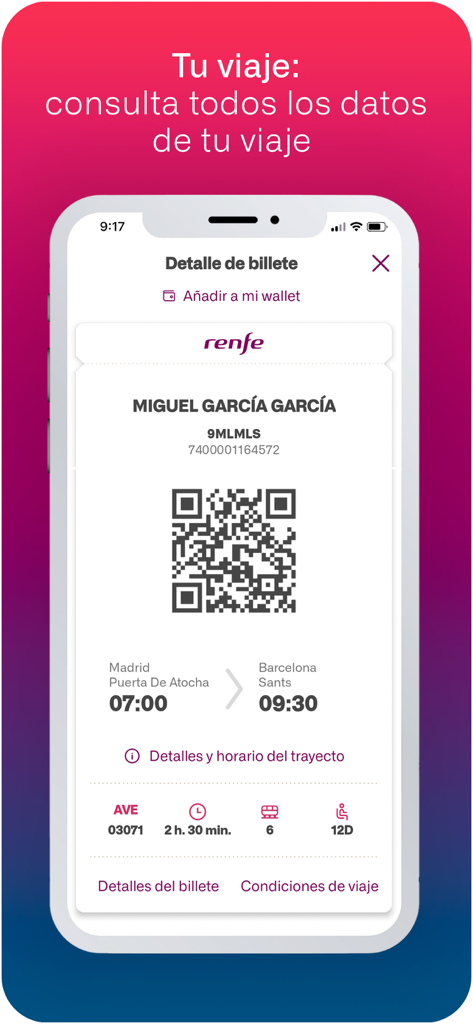 Boleto de tren digital de Renfe en la pantalla de un smartphone que muestra un código QR para un viaje de alta velocidad AVE de Madrid a Barcelona.