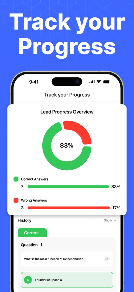 Quiz Maker and AI Flashcards - 83% 정답률을 보여주는 도넛 차트와 퀴즈 기록 섹션이 있는 학습 진행 상황을 표시하는 모바일 앱 화면.