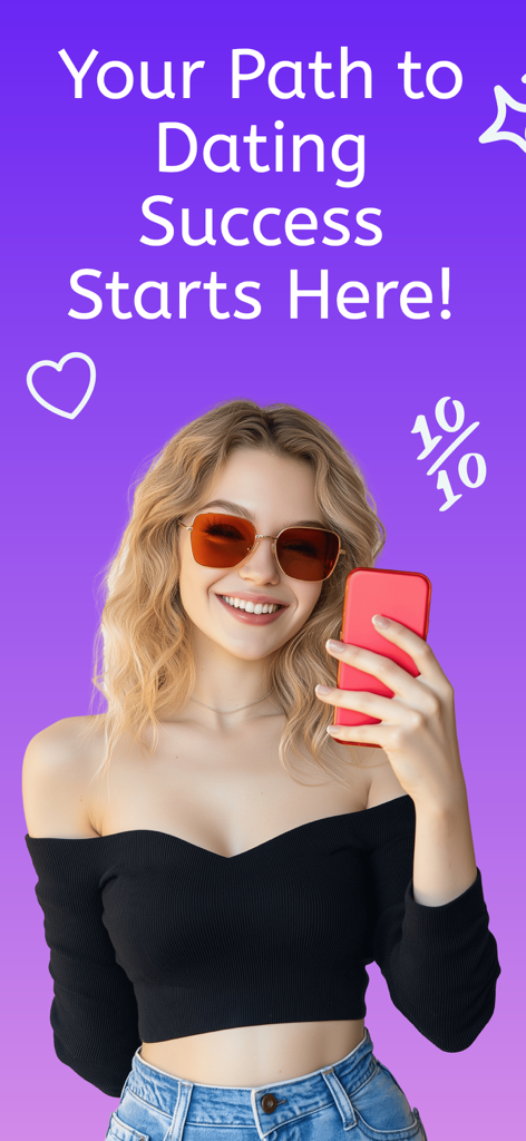 OnlyFun: Dating in your city - Eine lächelnde junge Frau hält ein Smartphone mit dem Text Ihr Weg zum Dating-Erfolg beginnt hier auf einem lila Hintergrund