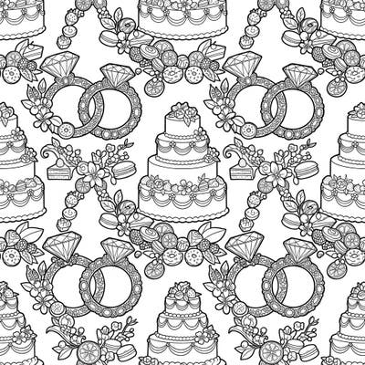 Unleash your creativity with this delightful wedding-themed coloring page, featuring an intricate pattern of delicious treats and romantic symbols. Enjoy hours of relaxing coloring as you bring this unique food tessellation to life.