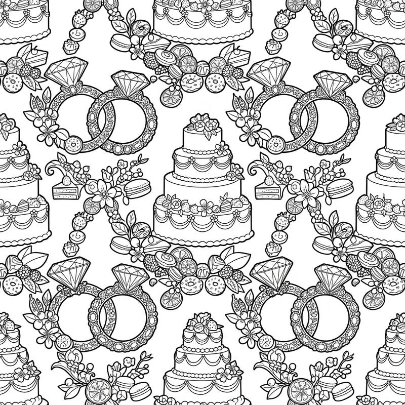 Unleash your creativity with this delightful wedding-themed coloring page, featuring an intricate pattern of delicious treats and romantic symbols. Enjoy hours of relaxing coloring as you bring this unique food tessellation to life.