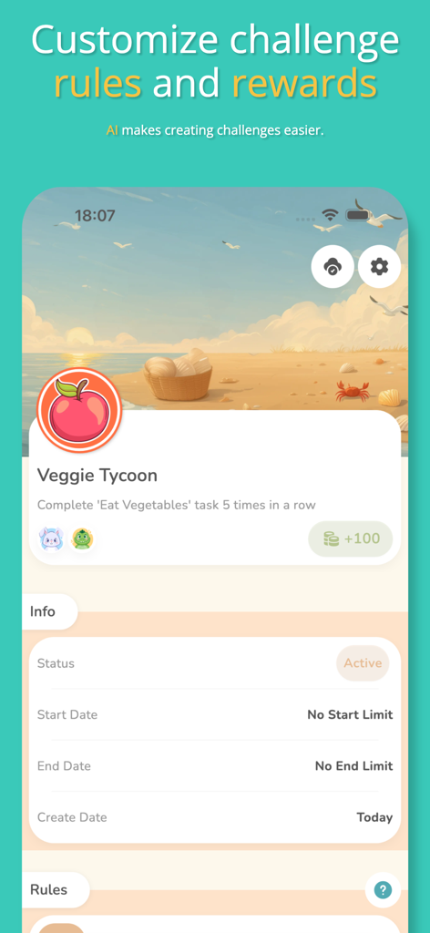 Family Rewards: Chore Chart - Interface of Family Rewards app showing customization of challenge rules and rewards for kids chores