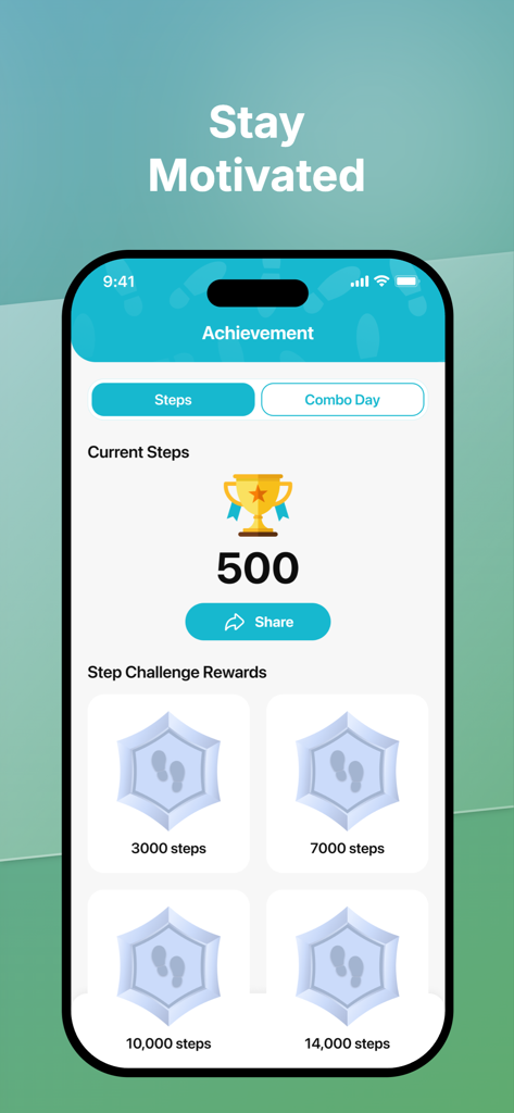 Erfolgsbildschirm der Step Counter App mit täglichen Schritten und Meilenstein-Abzeichen.