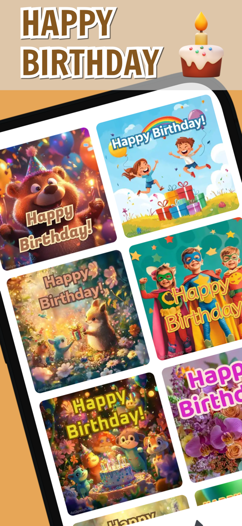 Good Morning Messages & Wishes - A collection of colorful Happy Birthday greeting cards with illustrations of kids and animals.