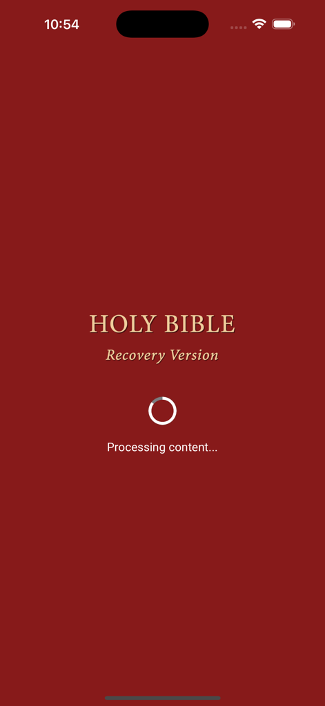 Holy Bible Recovery Version - Splash screen of the Holy Bible Recovery Version app showing a red background and a loading indicator