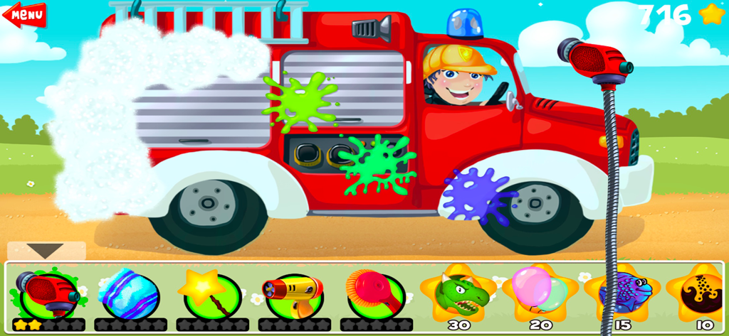 Amazing Car and Truck Wash - Gameplay screen of Amazing Car and Truck Wash showing a cartoon fire truck being cleaned with soap and various tools.