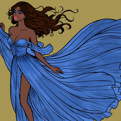 realistic woman in dress flowing the the wind