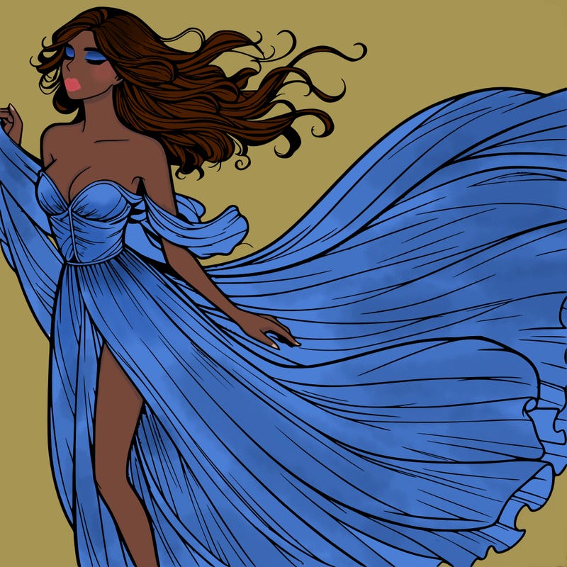 realistic woman in dress flowing the the wind